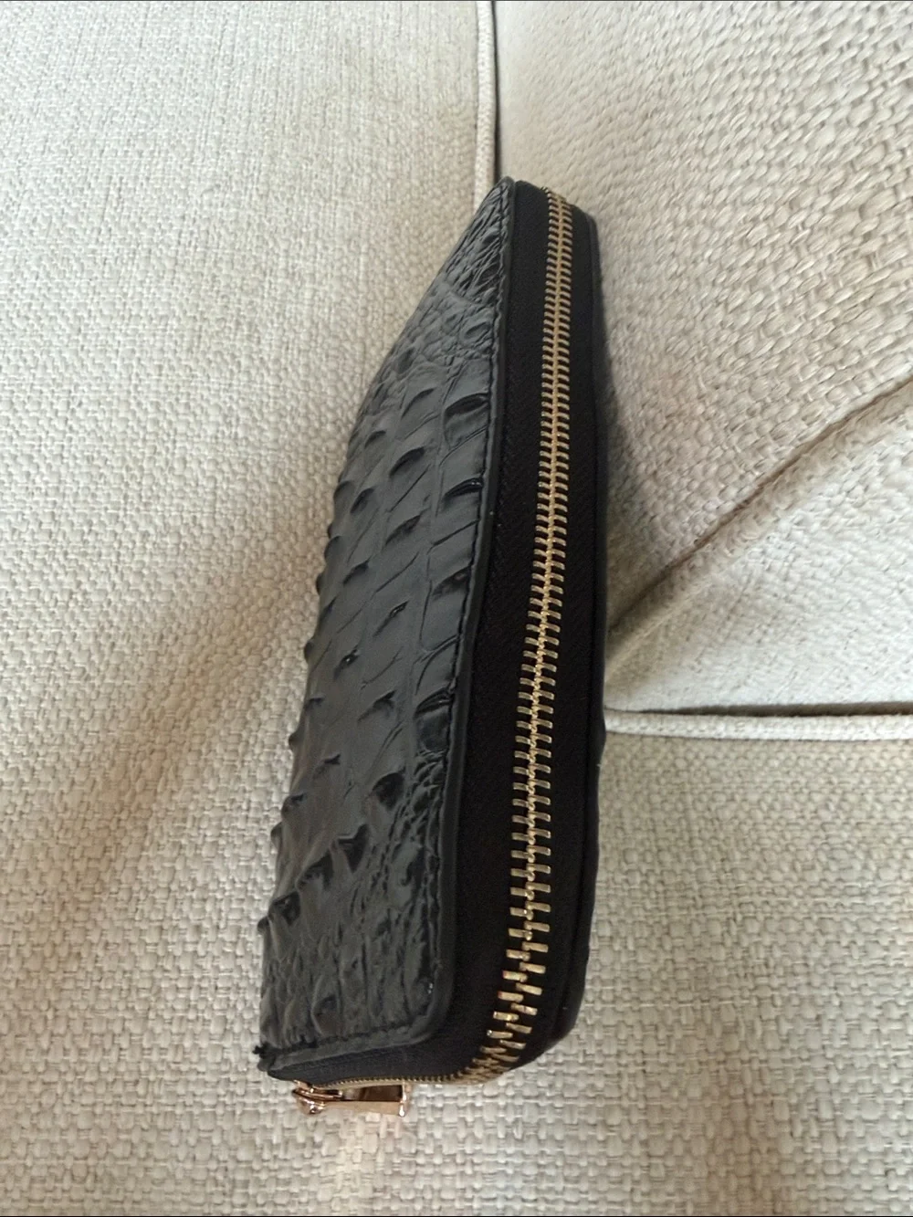 Brahmin Black Croc-Embossed Leather Zip Wallet with Gold Hardware